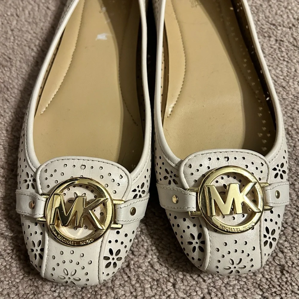 Michael Kors Cream Perforated Leather Logo Ballet Flats - Picture 2 of 8